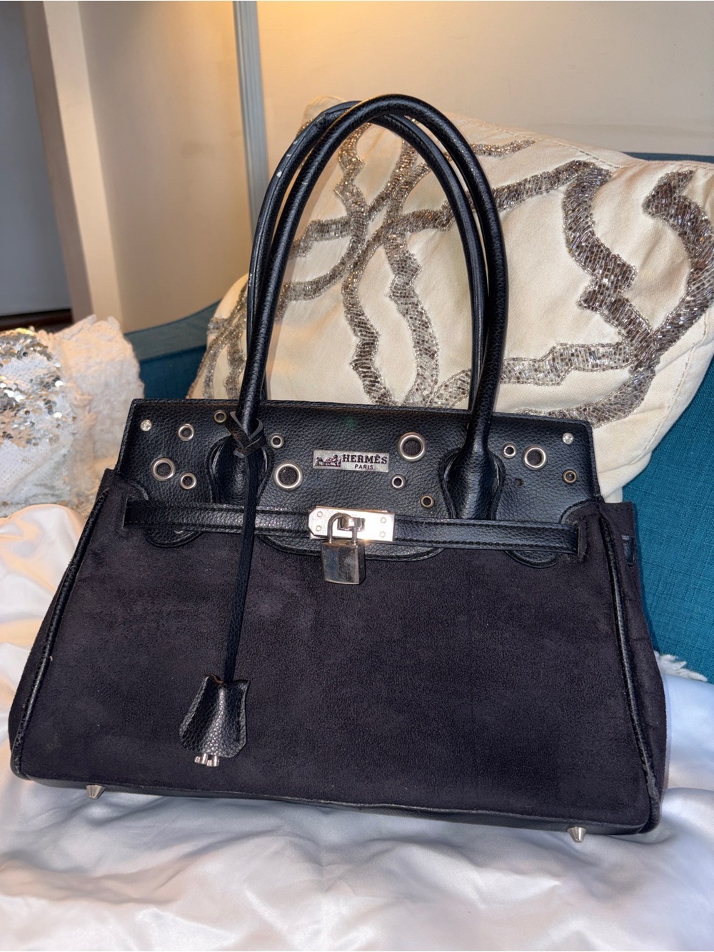 Black Suede & Leather Satchel with Silver Hardware